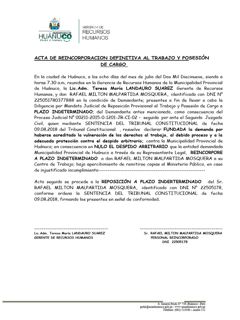 Acta de Reincorporación Laboral Huánuco | PDF
