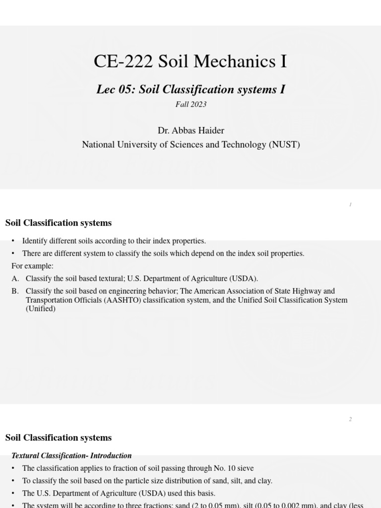 CE-222 Soil Mechanics I - Soil Classification Systems I | PDF | Soil ...