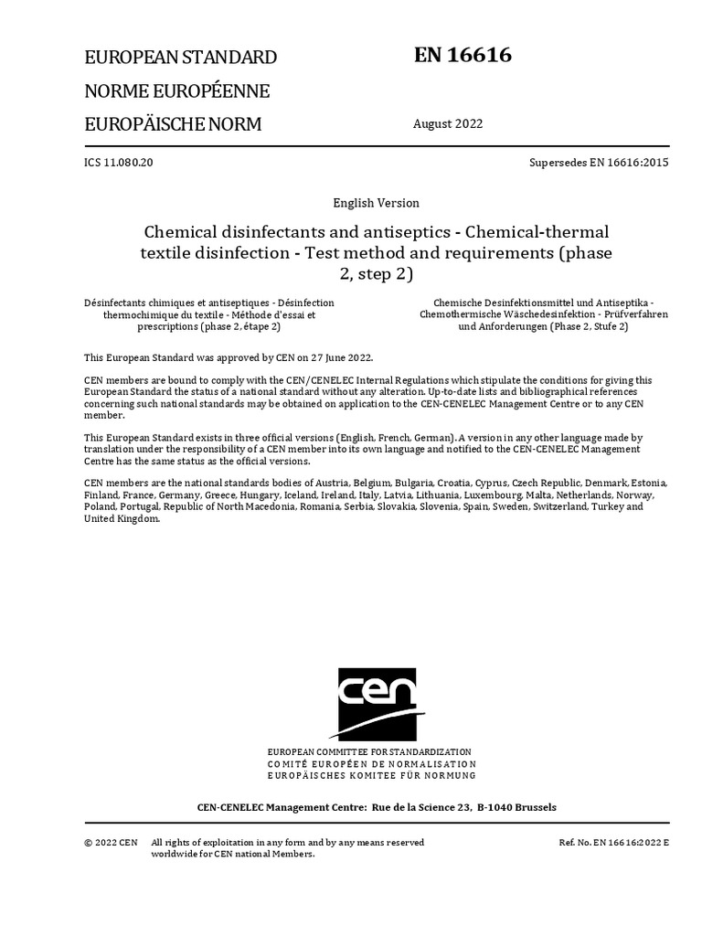 EN 16616: Textile Disinfection Standards | PDF | Disinfectant