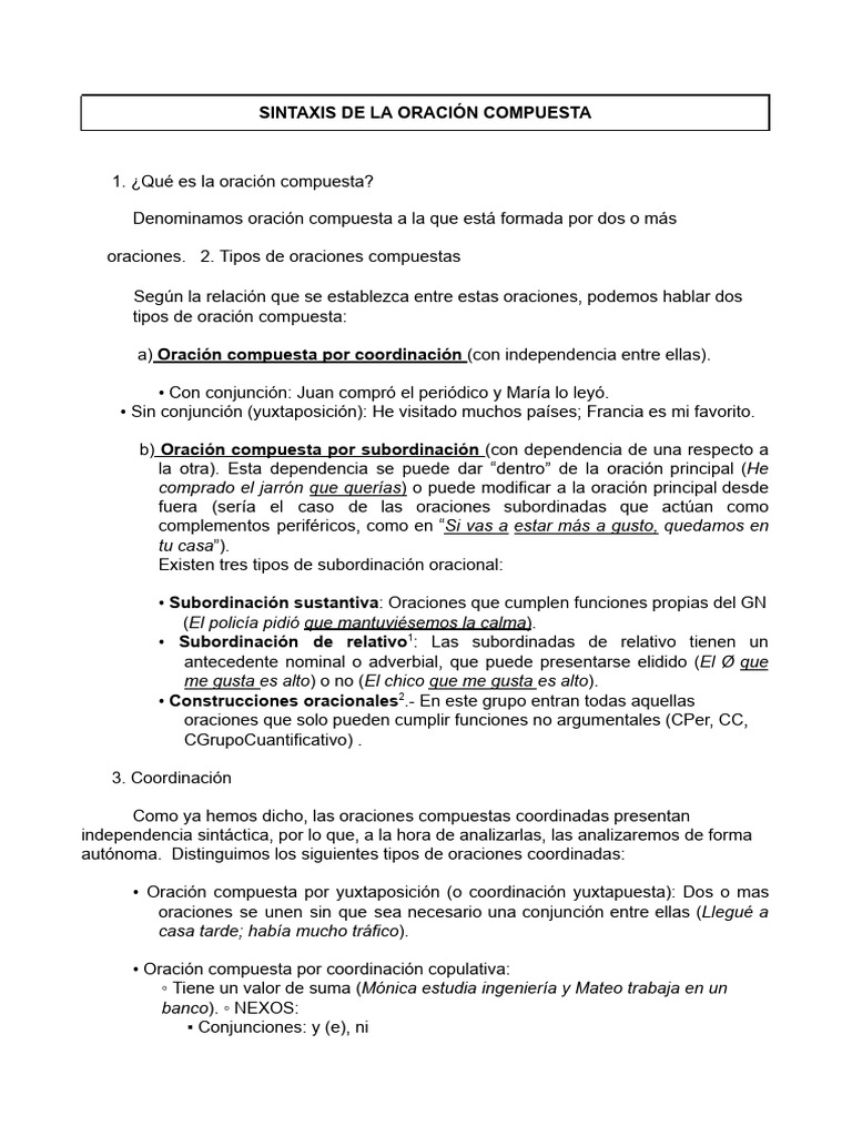 SINTAXIS DE LA ORACIÓN COMPUESTA | PDF | Oración (Lingüística) | Gramática