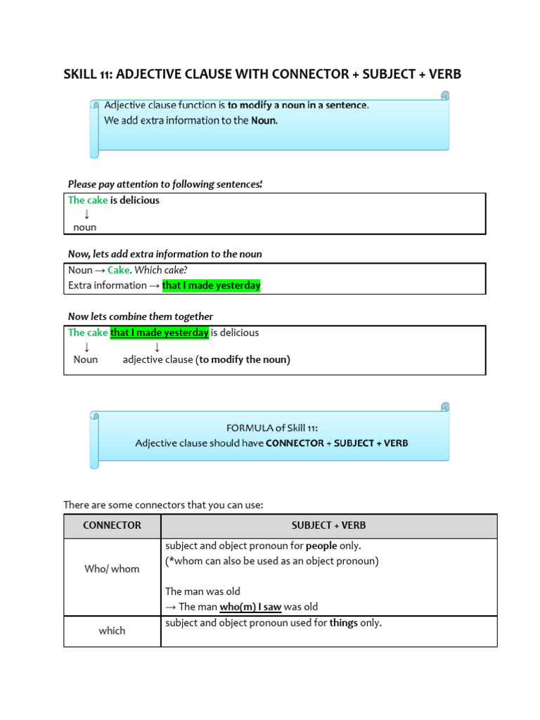Adjective Clauses and Connectors Guide | PDF | Pronoun | Adjective