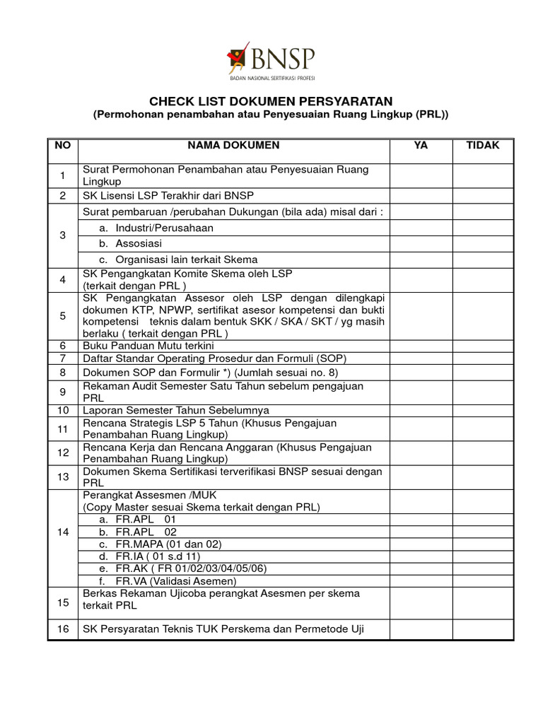 Persyaratan PRL Sertifikat LSP BNSP | PDF