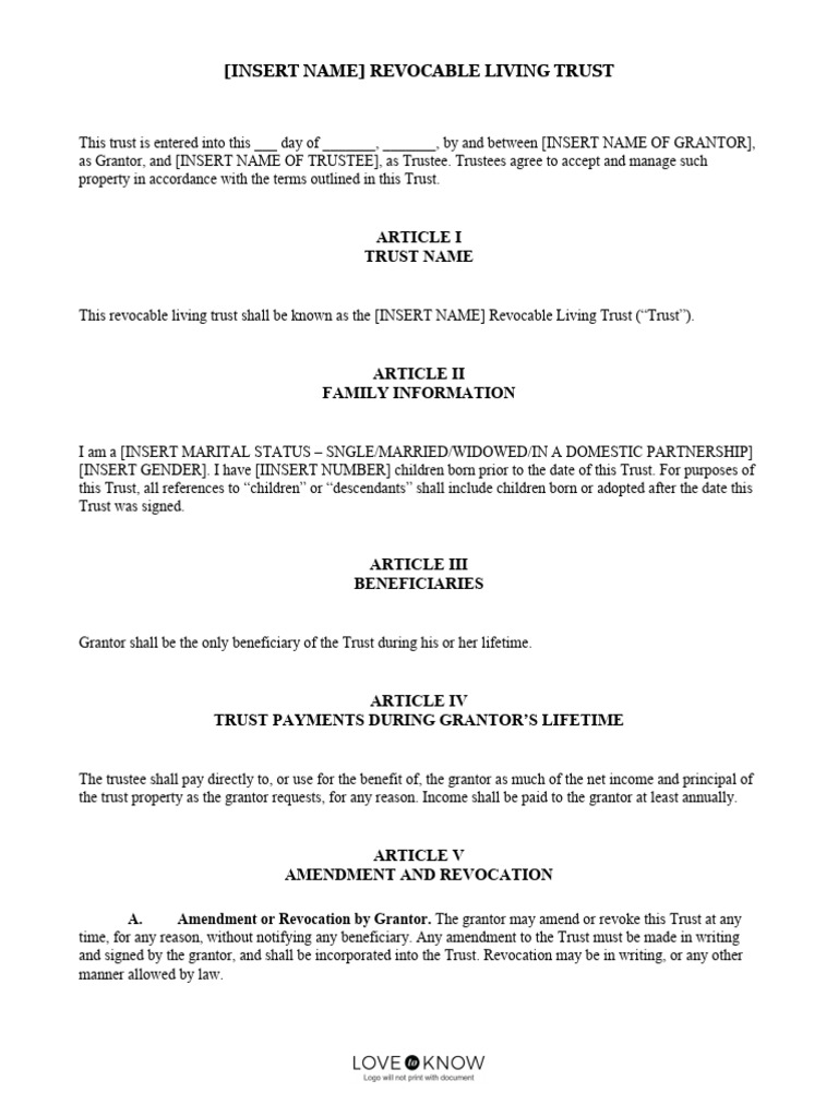 Revocable Trust Template PDF Trust Law Trustee