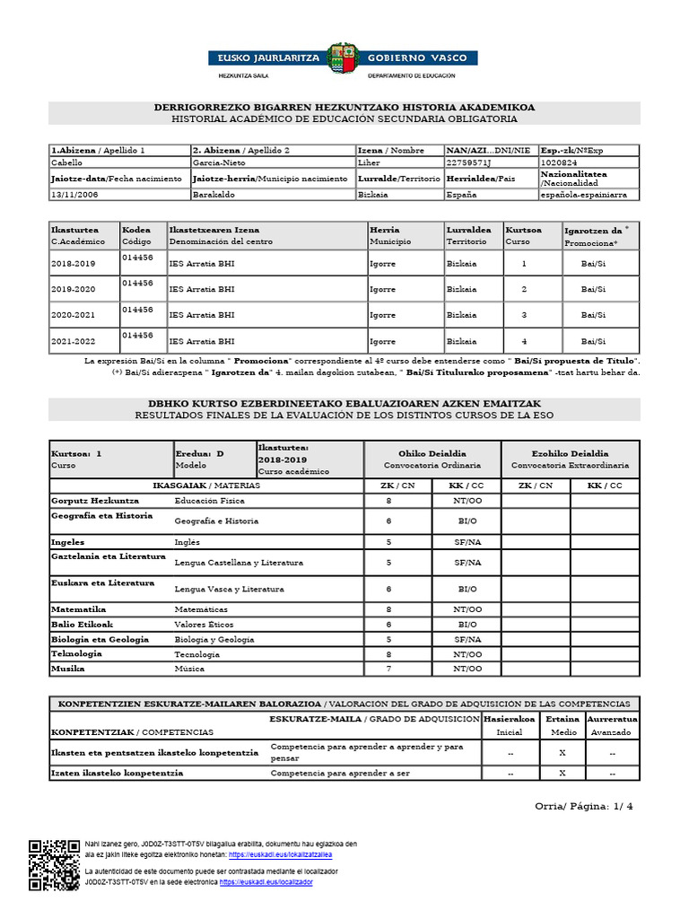 Historial Académico de Educación Secundaria | PDF
