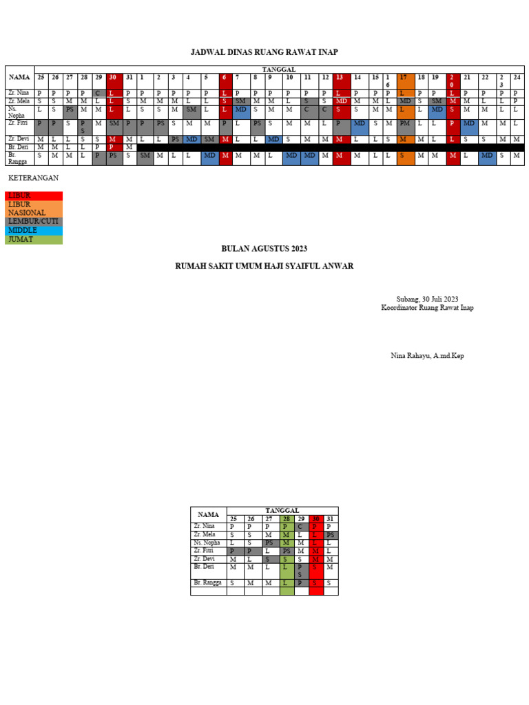 Jadwal Dinas Ranap Agustuss | PDF