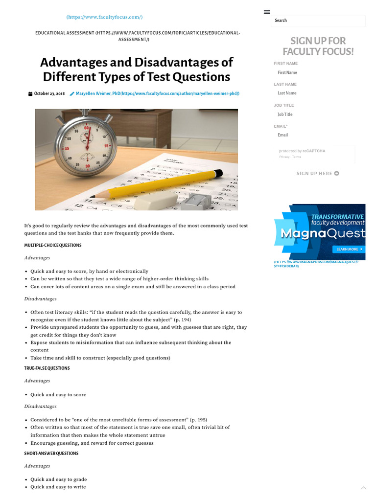 Advantages, Disadvantages of Different Types of Test Questions PDF
