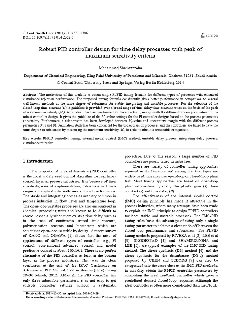 Robust PID Controller Design For Time Delay Processes With Peak of ...