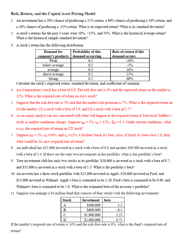 Su 2023 Practice Problems Risk&Return | PDF | Beta (Finance) | Stocks