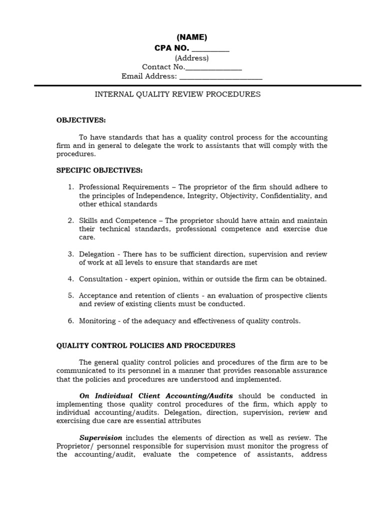 BOA Internal Quality Review Procedures | PDF | Audit | Accounting