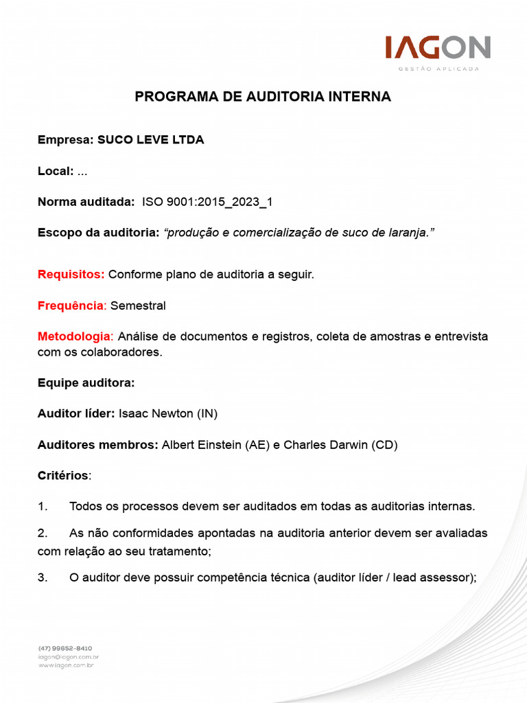 Programa de Auditoria Interna ISO 9001 | PDF | Qualidade (negócios ...