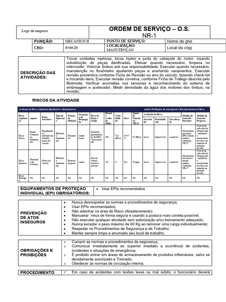 Ordem de Serviço - MECANICO Modelo | PDF
