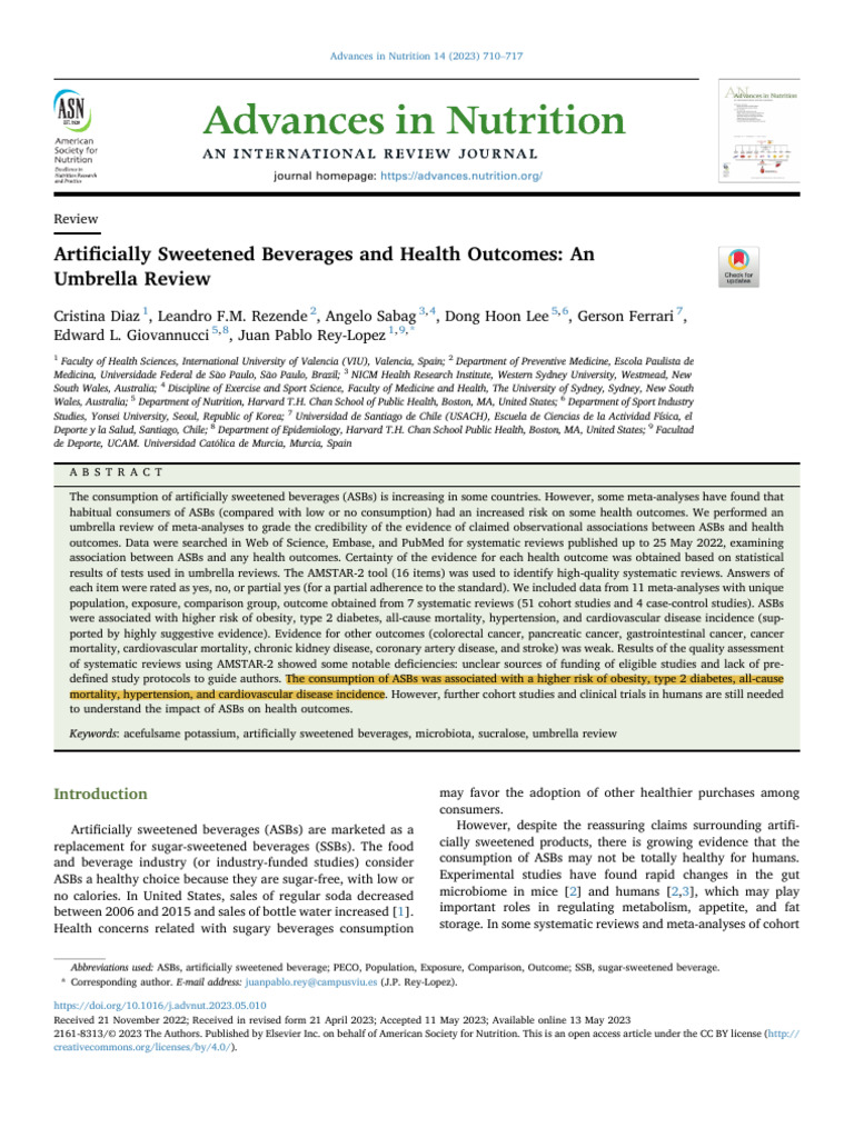 Artificially Sweetened Beverages and Health An Umbrella