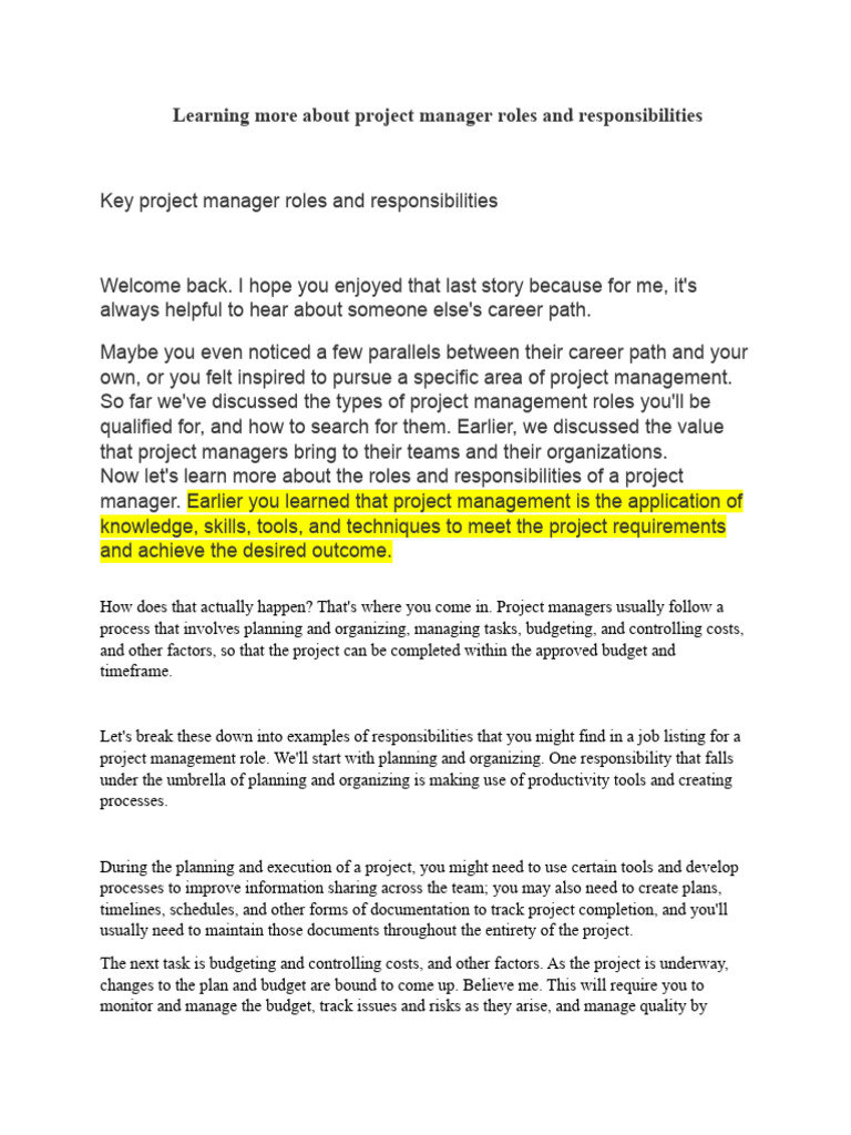 Project Manager Roles & Responsibilities | PDF | Project Management ...