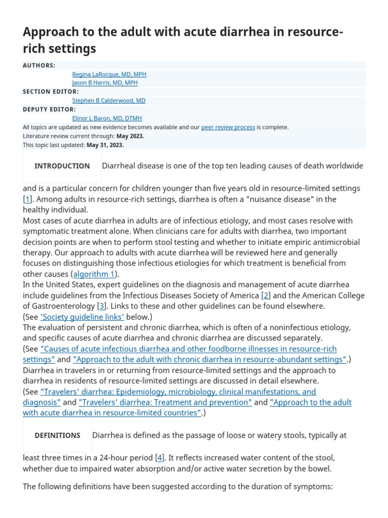 Approach to the adult with acute diarrhea in resource Uptodate PDF