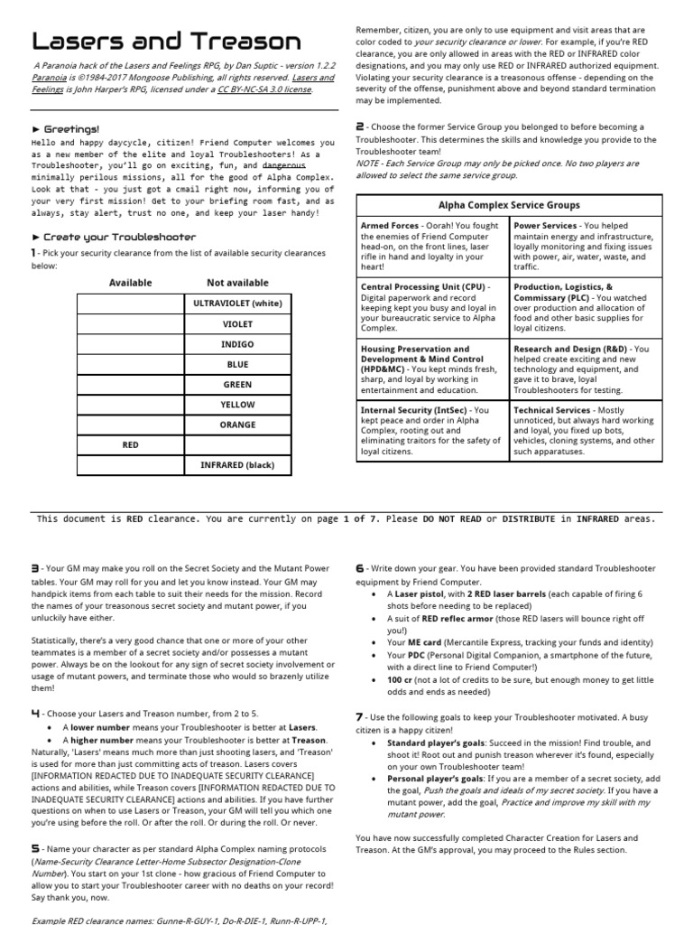 Lasers and Treason RPG Character Guide | PDF