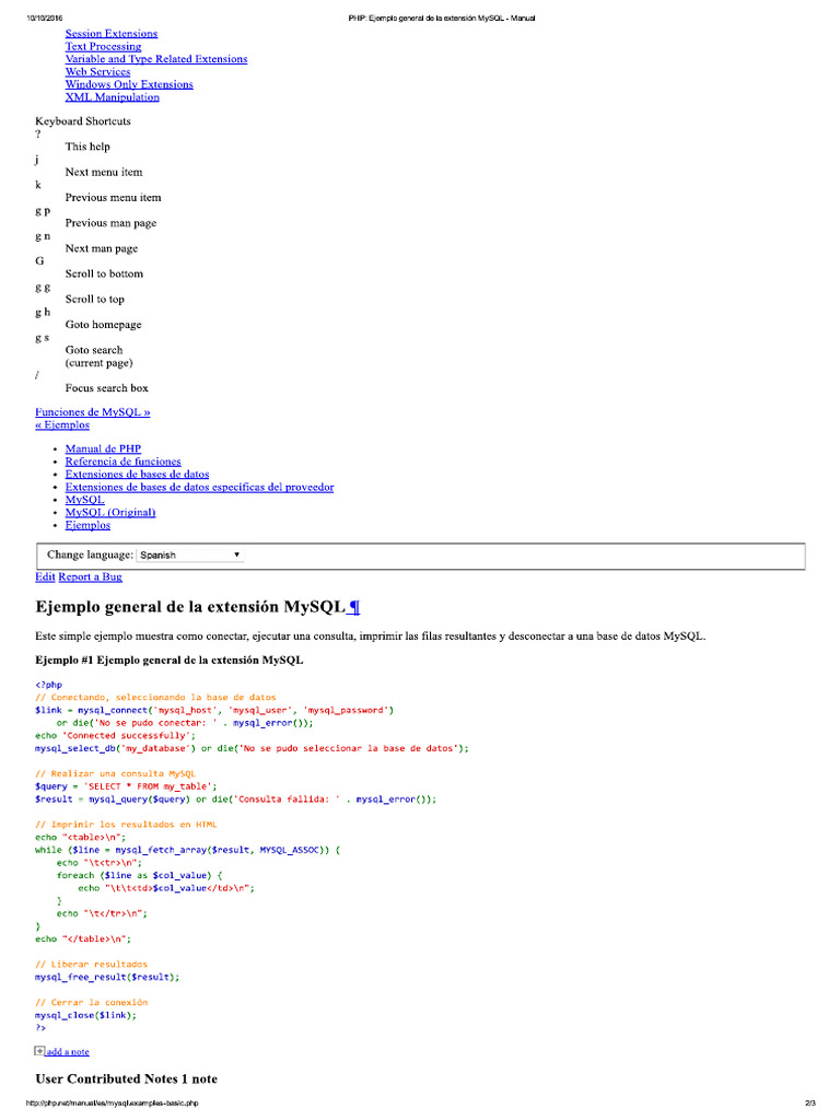 PHP - Ejemplo General de La Extensión MySQL - Manual | PDF