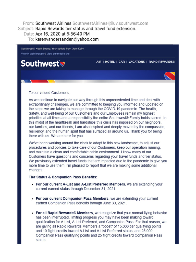 Rapid Rewards Tier Status and Travel Fund Extension PDF Southwest