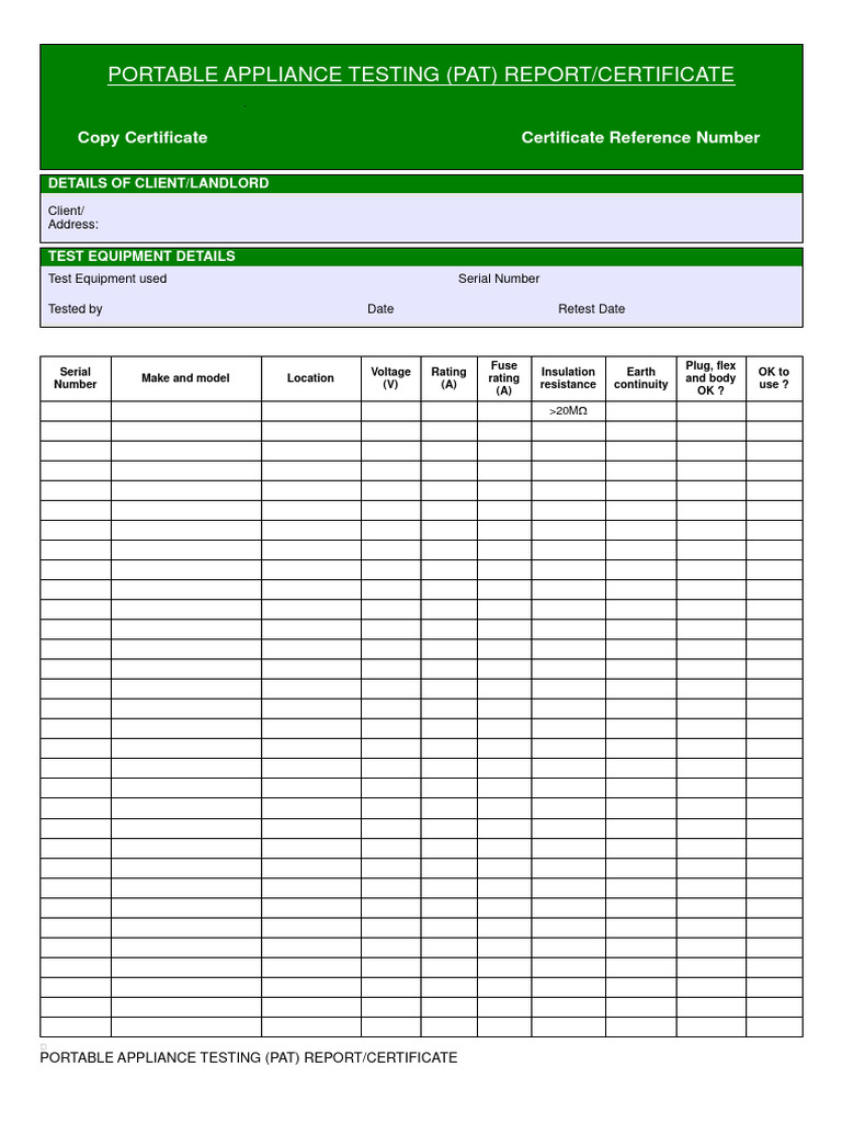 Pat Testing Certificate Template Excel