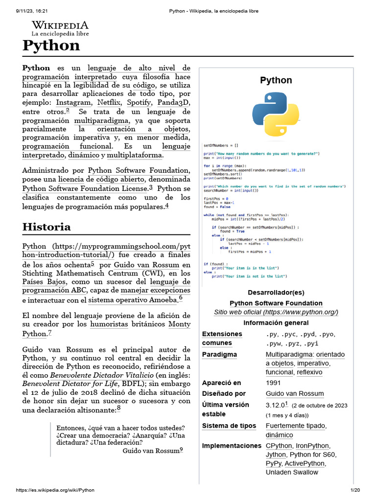 Python - Wikipedia, La Enciclopedia Libre | PDF | Python (lenguaje de ...