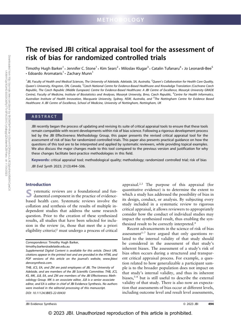 Revised JBI RCT Appraisal Tool | PDF | Randomized Controlled Trial ...