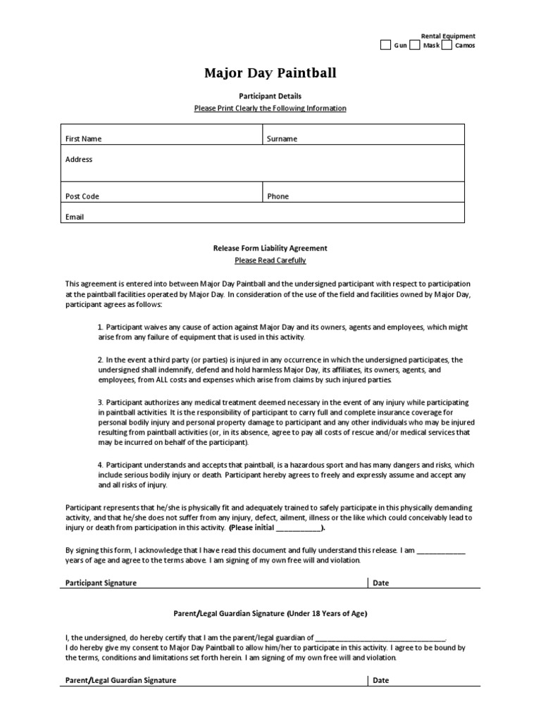 Major Day Paintball Release Form PDF Indemnity Civil Law (Legal