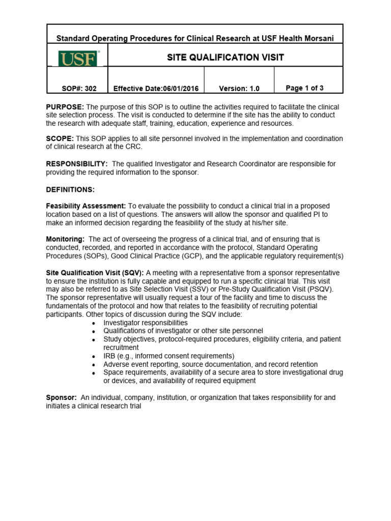 Site Qualification Visit SOP Overview | PDF | Clinical Trial | Health Care