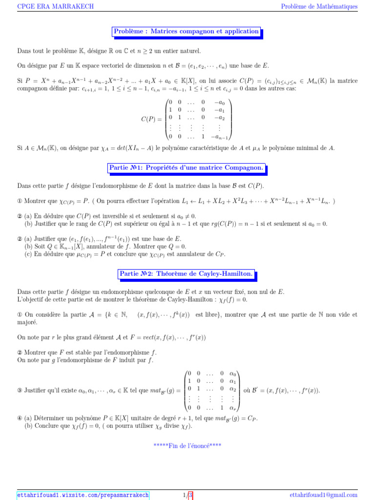 Matrices Compagnon et Cayley-Hamilton | PDF | Matrice (Mathématiques ...