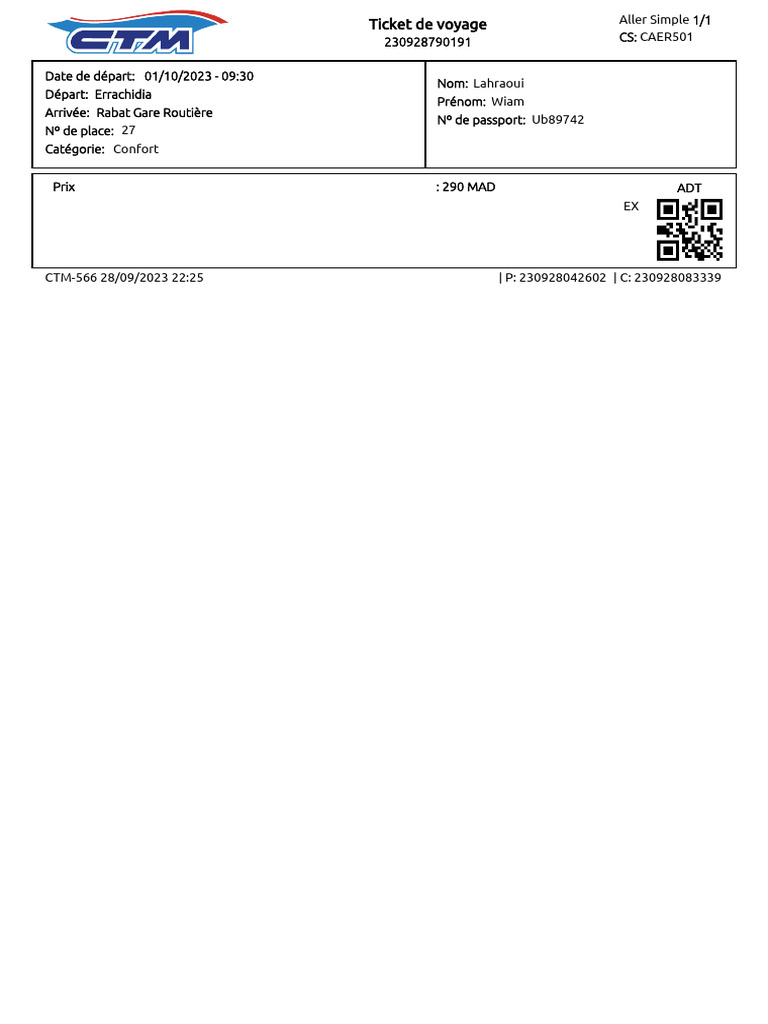 Billet CTM Errachidia-Rabat 01/10/2023 | PDF