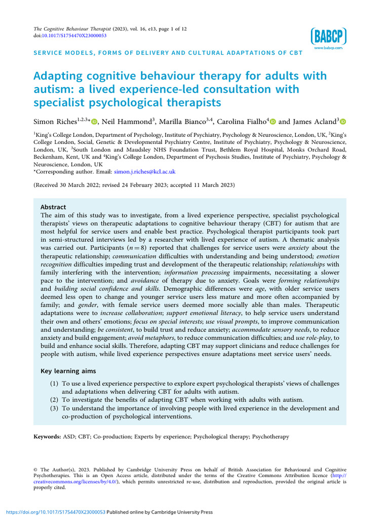 Adapting CBT for Autism: Lived Insights | PDF | Cognitive Behavioral ...