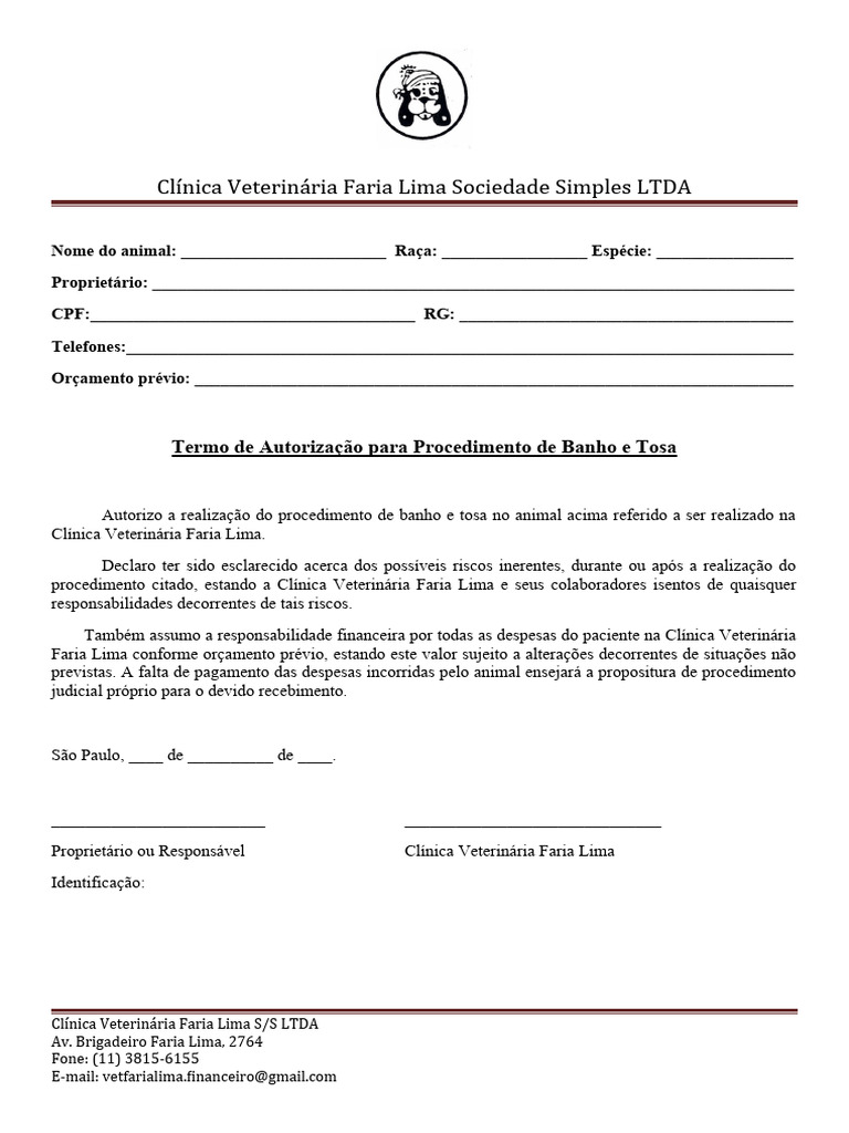 Termo de responsabilidade banho e tosa pdf