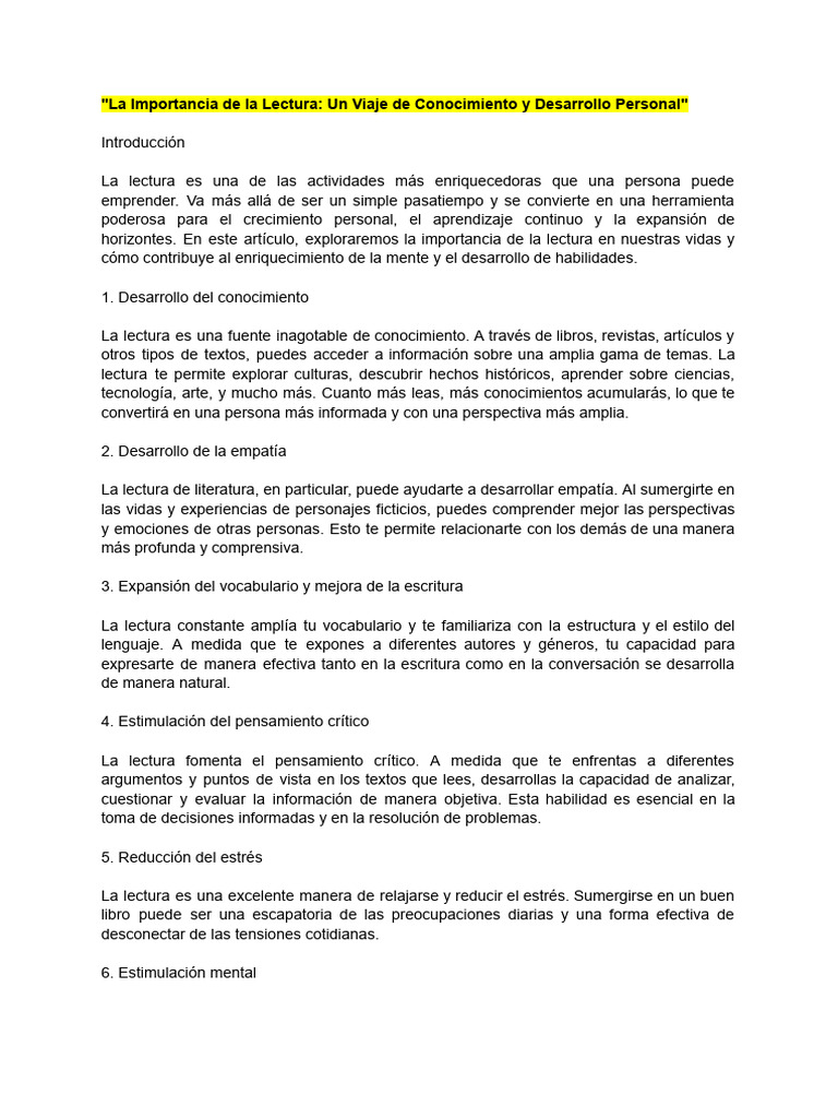 Importancia de la Lectura en el Desarrollo Personal | PDF | Mente ...