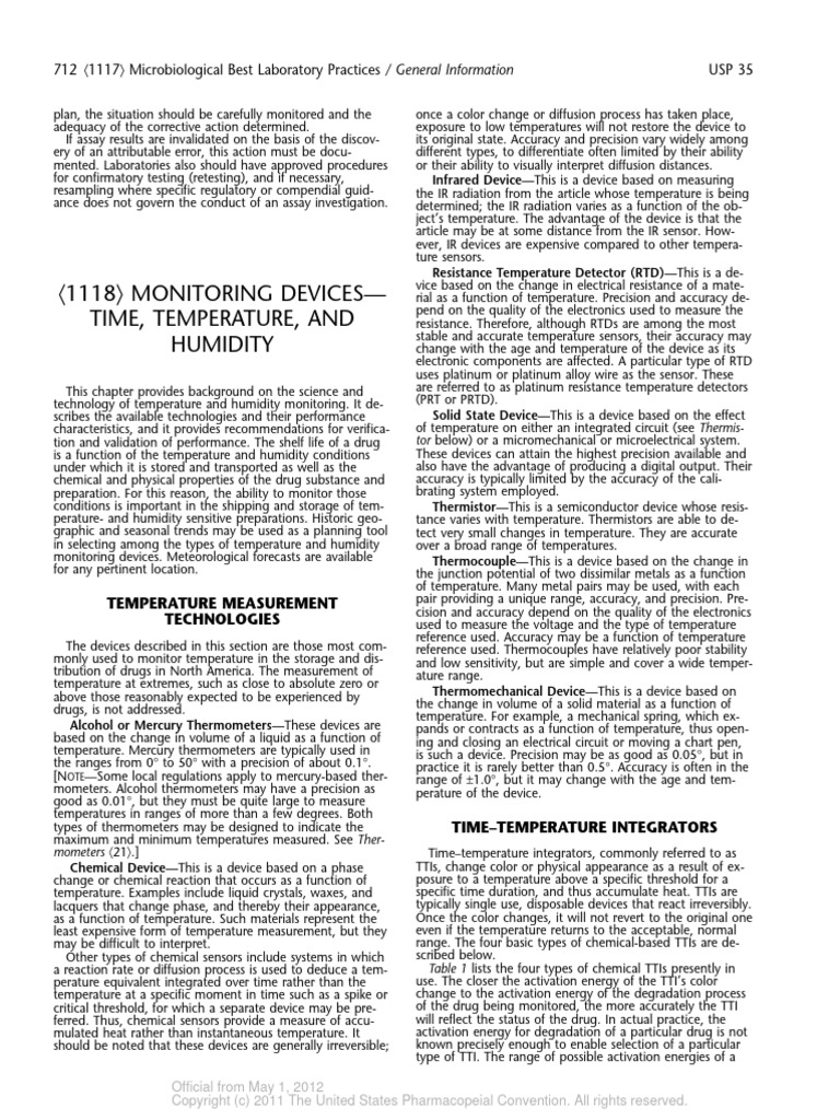 Usp (1118) Monitoring DevicesTime, Temperature, and Humidity PDF