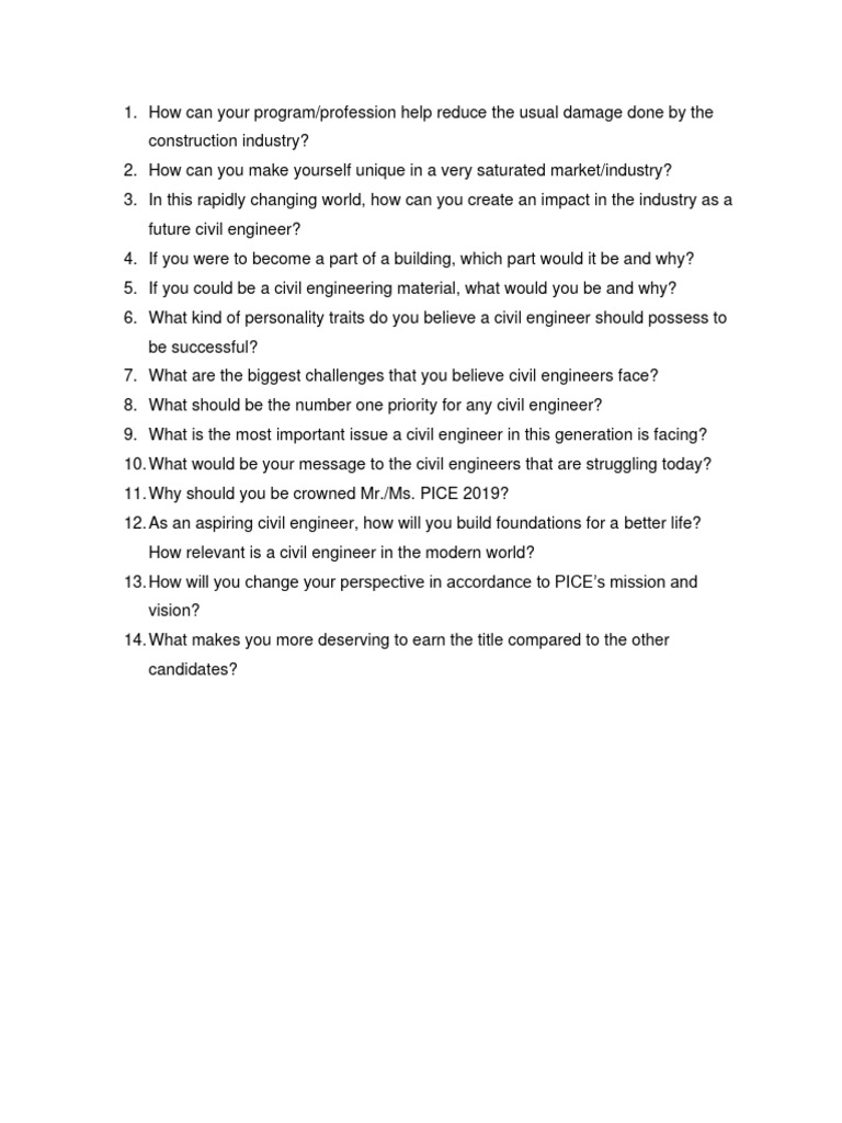 Civil Engineering Pageant Q&A Insights | PDF | Career & Growth