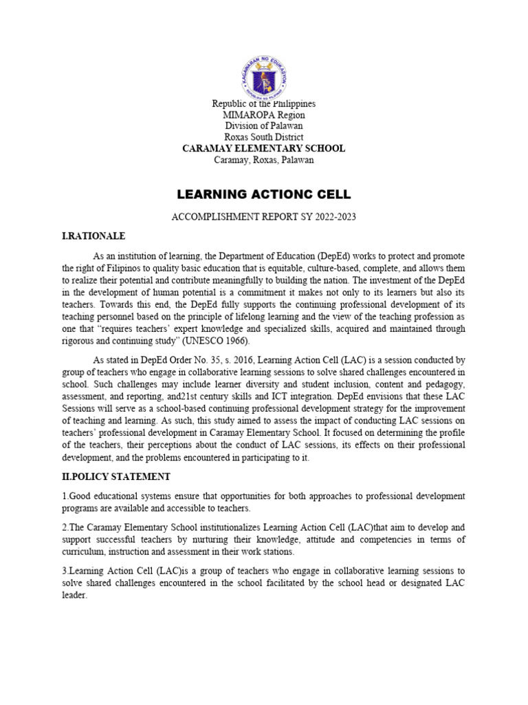LAC Accomplishment Report SY 2022-2023 | PDF | Teachers | Learning