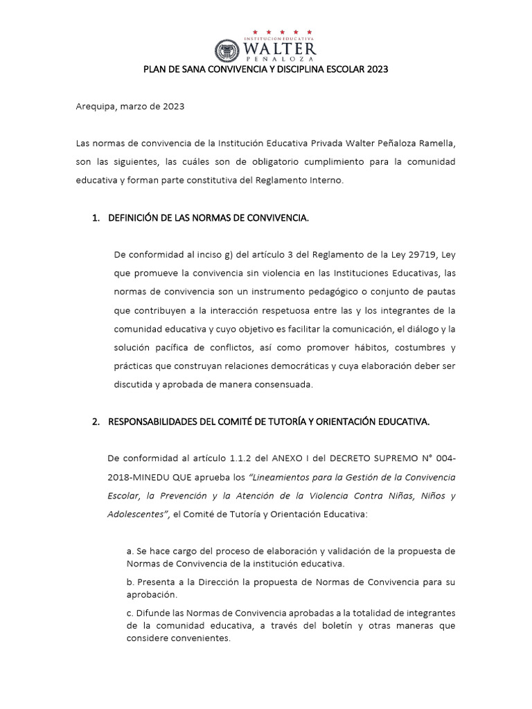 Normas de Convivencia Escolar 2023 | PDF | Maestros | Comportamiento