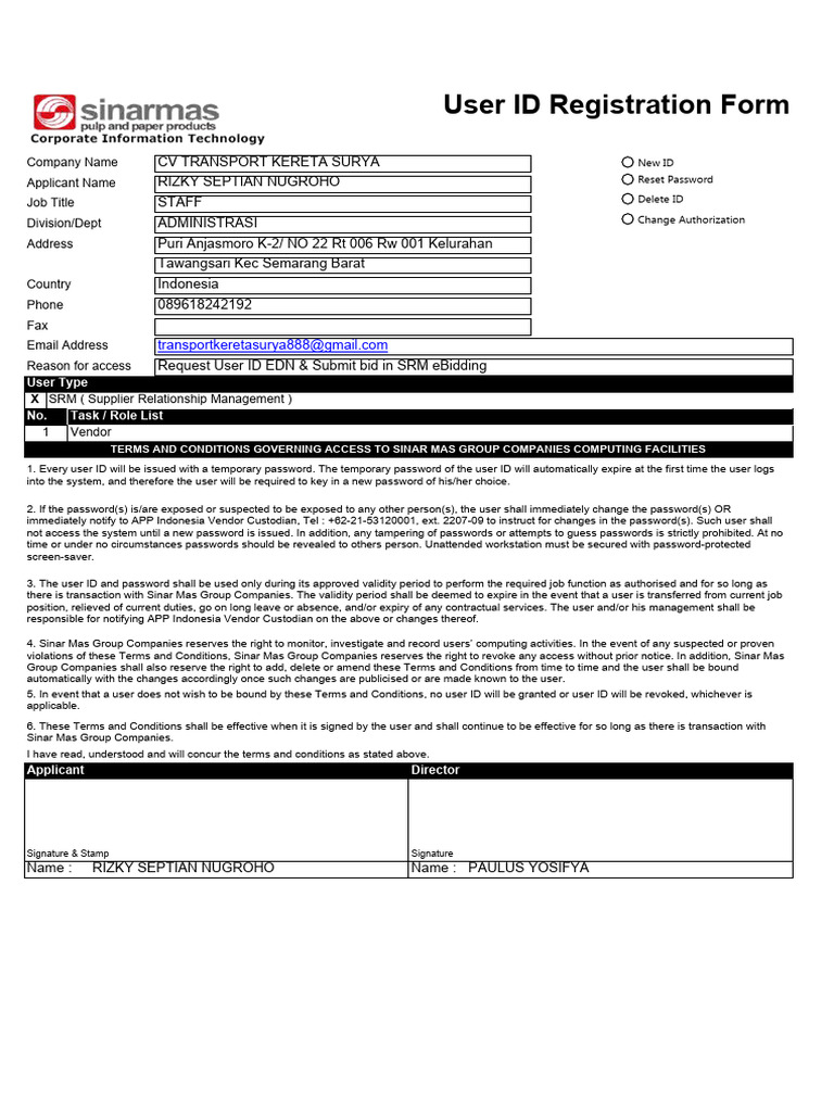 User ID Request Form for SRM Access | PDF | Password | Cybercrime