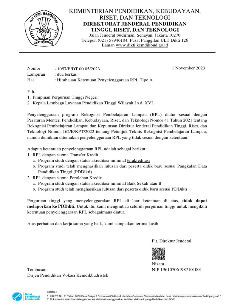 Surat Himbauan Dirjen Diktiristek Ketentuan Penyelenggaraan RPL | PDF ...
