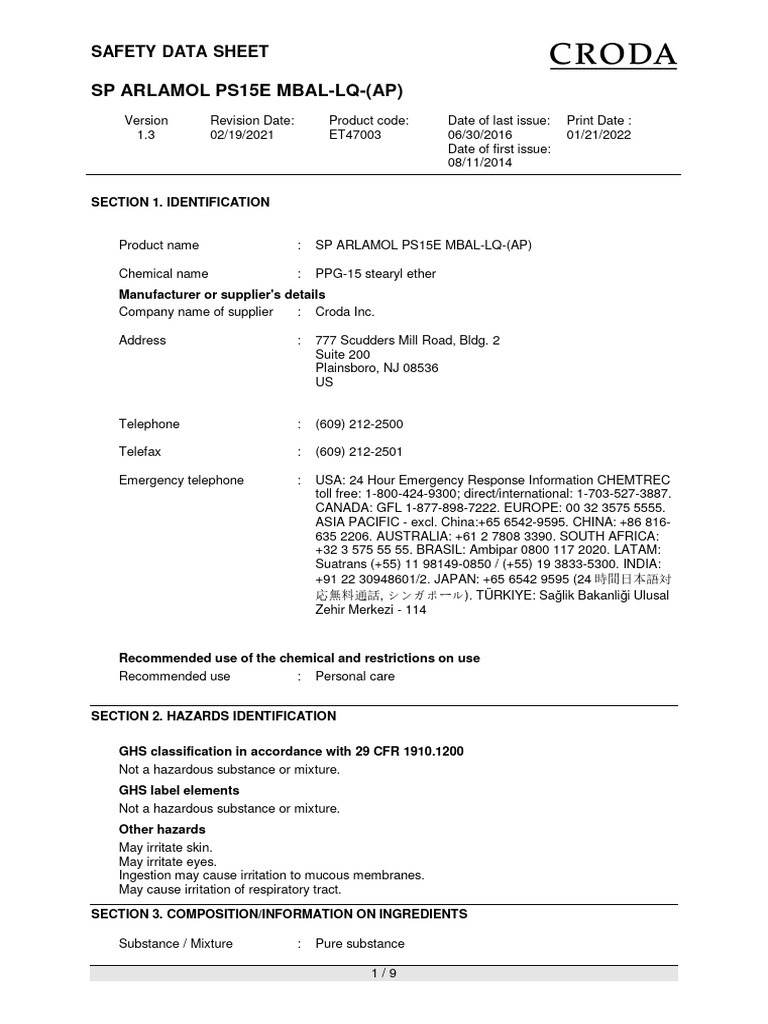PPG-15 Stearyl Ether Safety Data Sheet | PDF | Personal Protective ...