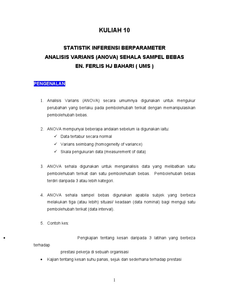 Kuliah 10: Statistik Inferensi Berparameter Analisis 