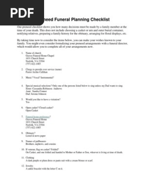 Preneed Funeral Planning Checklist