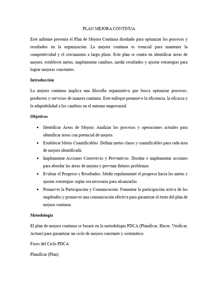 Plan de Mejora Continua en la Organización | PDF | Planificación | Business