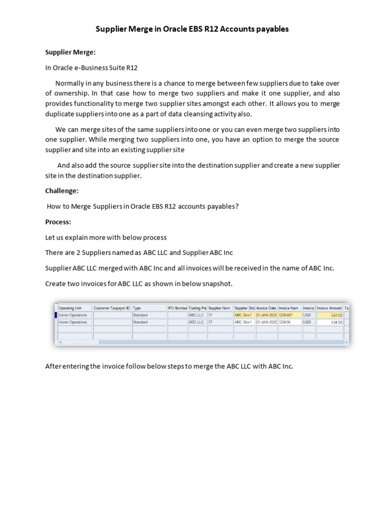 Supplier Merge Process in Oracle EBS R12 | PDF | Accounts Payable ...