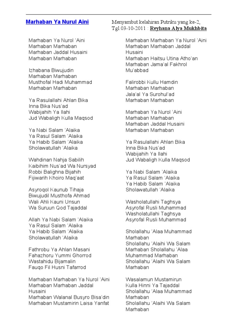 Marhaban Ya Nurul Aini Religion And Belief