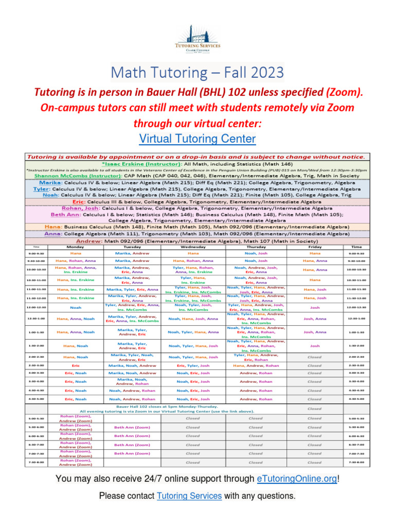 Fall 2023 Math Tutoring Schedule | PDF | Mathematics | Algebra