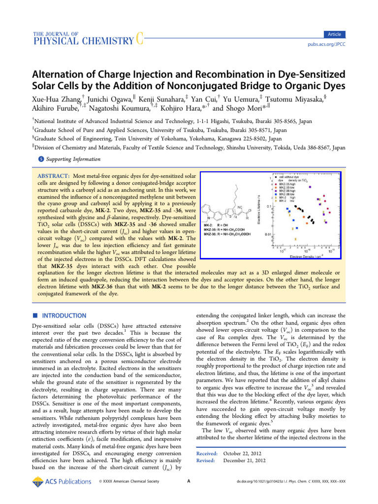 Alternation of Charge Injection and in DyeSensitized Solar Cells by The Addition