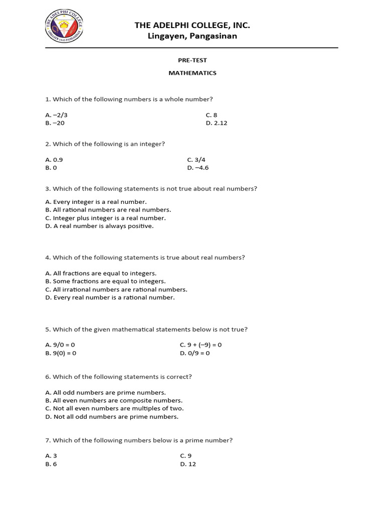 Mathematics Pre-Test Questions | PDF | Numbers | Abstract Algebra