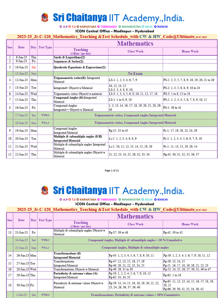 Mathematics Teaching Schedule 2023-25 | PDF | Matrix (Mathematics ...
