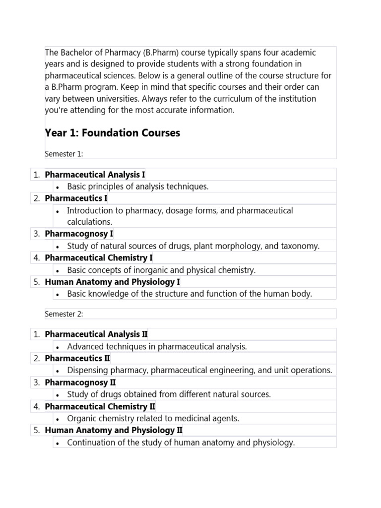 B.Pharm Course Structure Overview | PDF | Pharmacy | Pharmacology