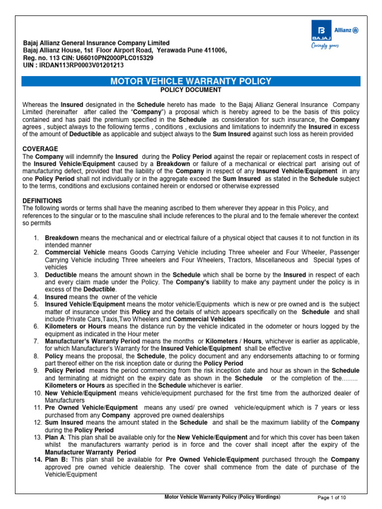 Motor Vehicle Warranty Policy PDF Insurance Deductible