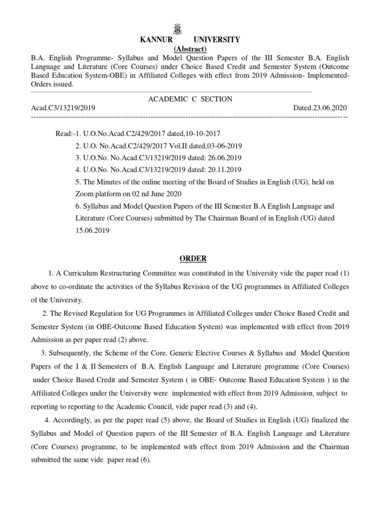 U O Syllabus Iii Semester B A English Language And Literaturecore